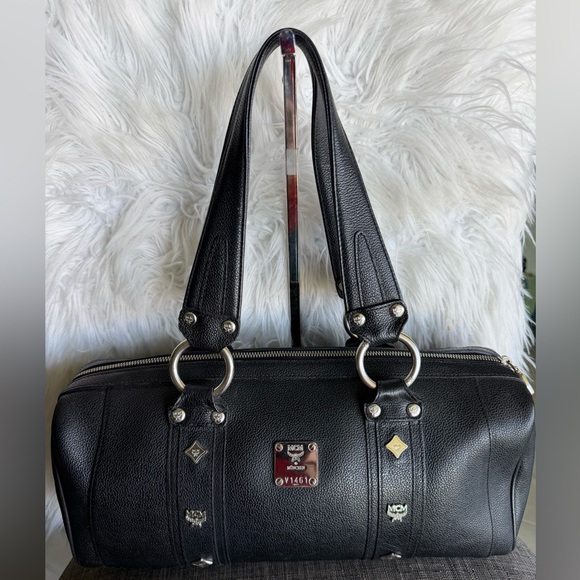 MCM Handbags - MCM Black Leather Barrel Satchel with Gold Accent Plate